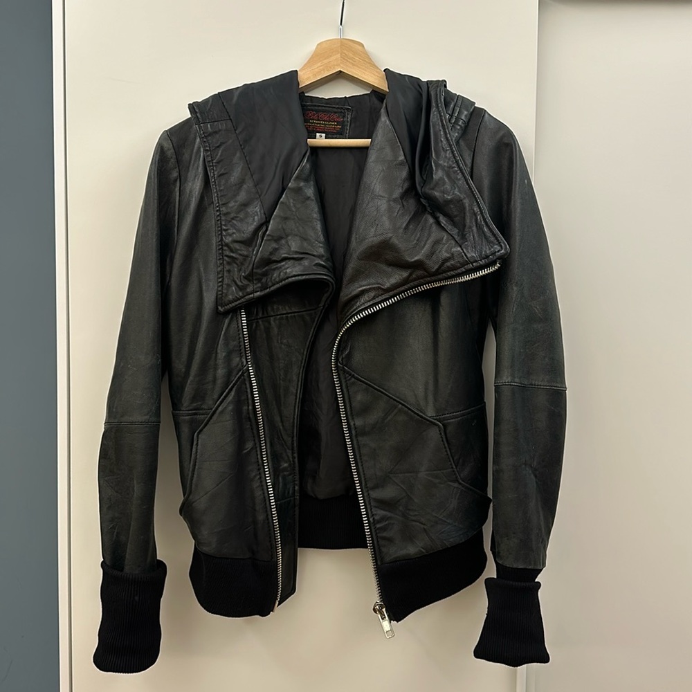 Black Reworked Leather Jacket w/Hood. Small. Feels like butter, super soft.